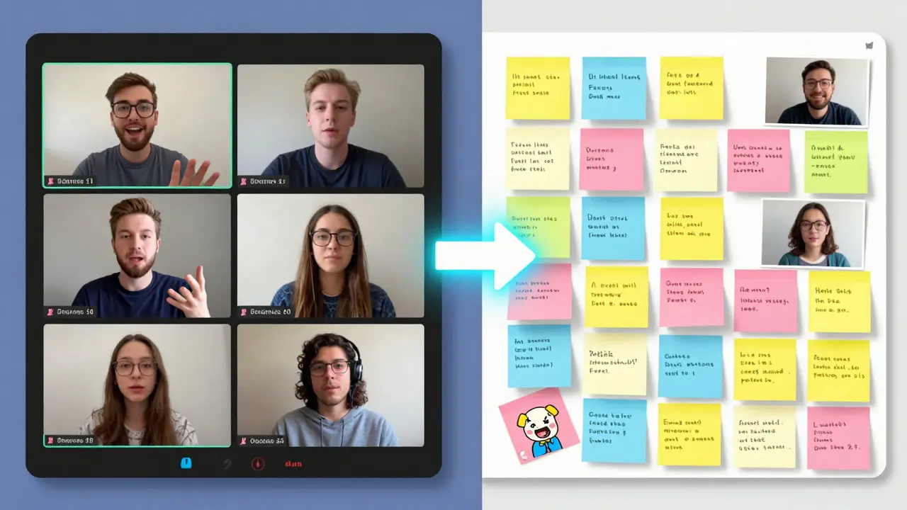 Split-screen showing a small group video call and a collaborative digital board with student responses.