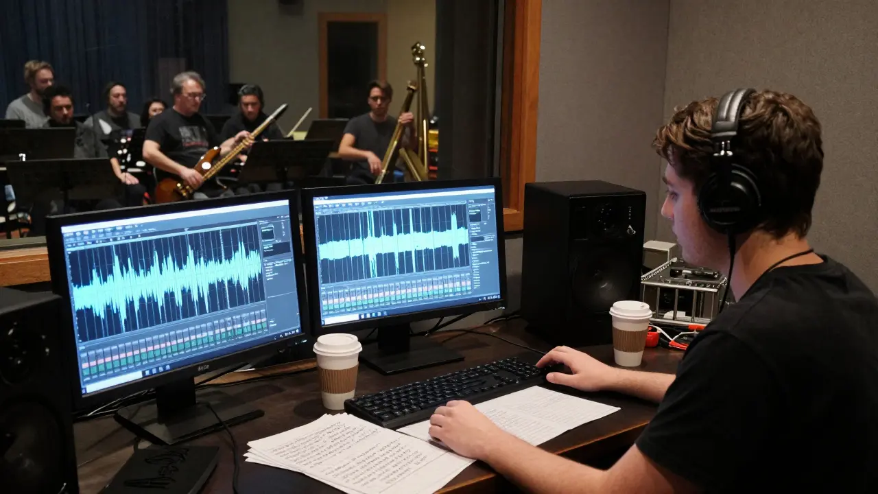 Student mixing a jazz session late at night, surrounded by coffee and notes.