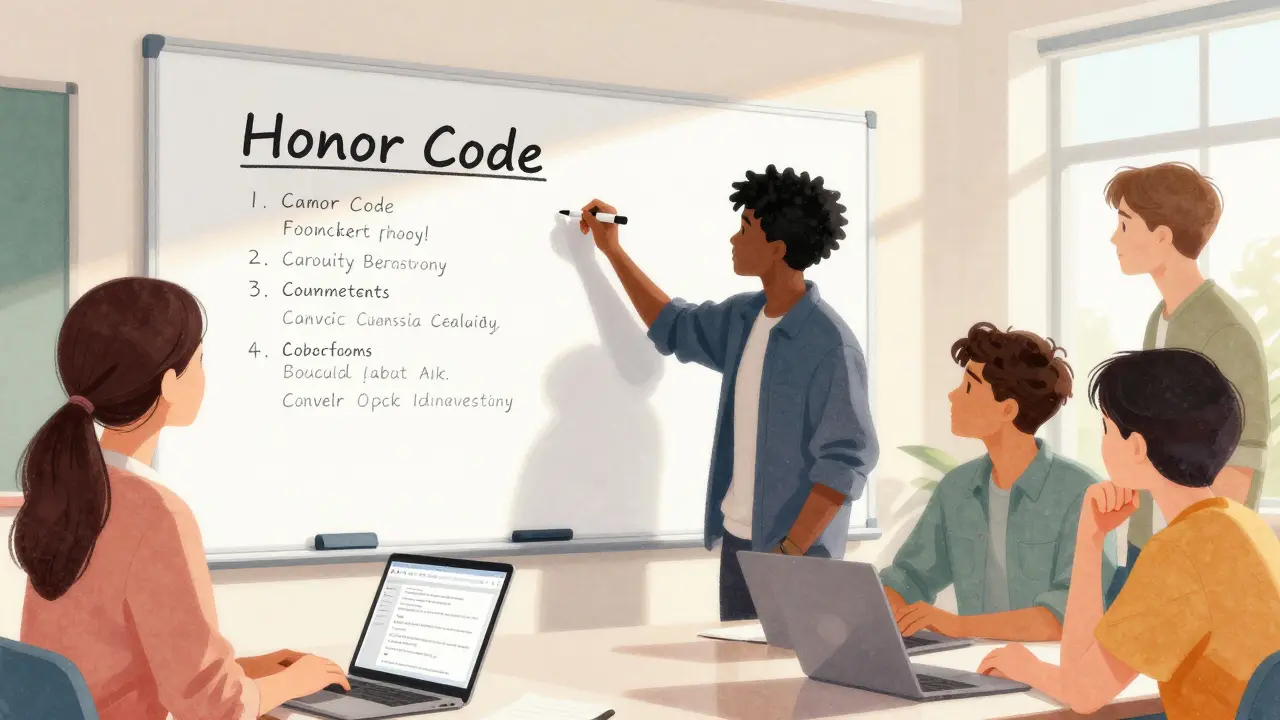 Students working together to create an academic honor code on a whiteboard