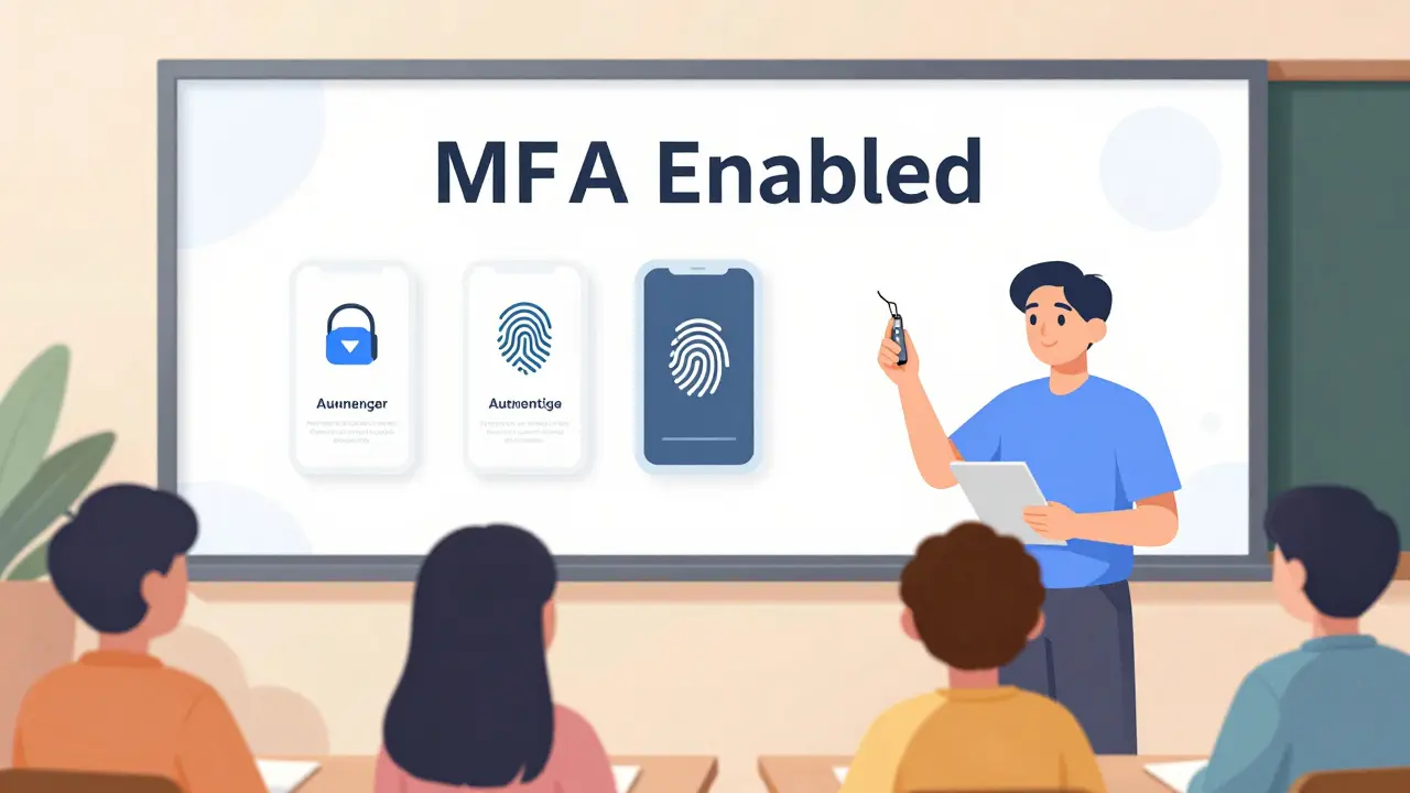 Teacher demonstrates hardware security key to students in classroom