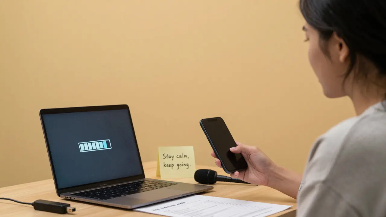 Teacher switching to phone during tech failure, with printed lesson plan and simple backdrop visible.