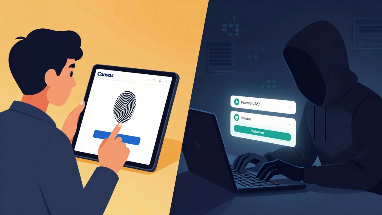 Teacher using fingerprint login vs hacker failing to crack weak passwords