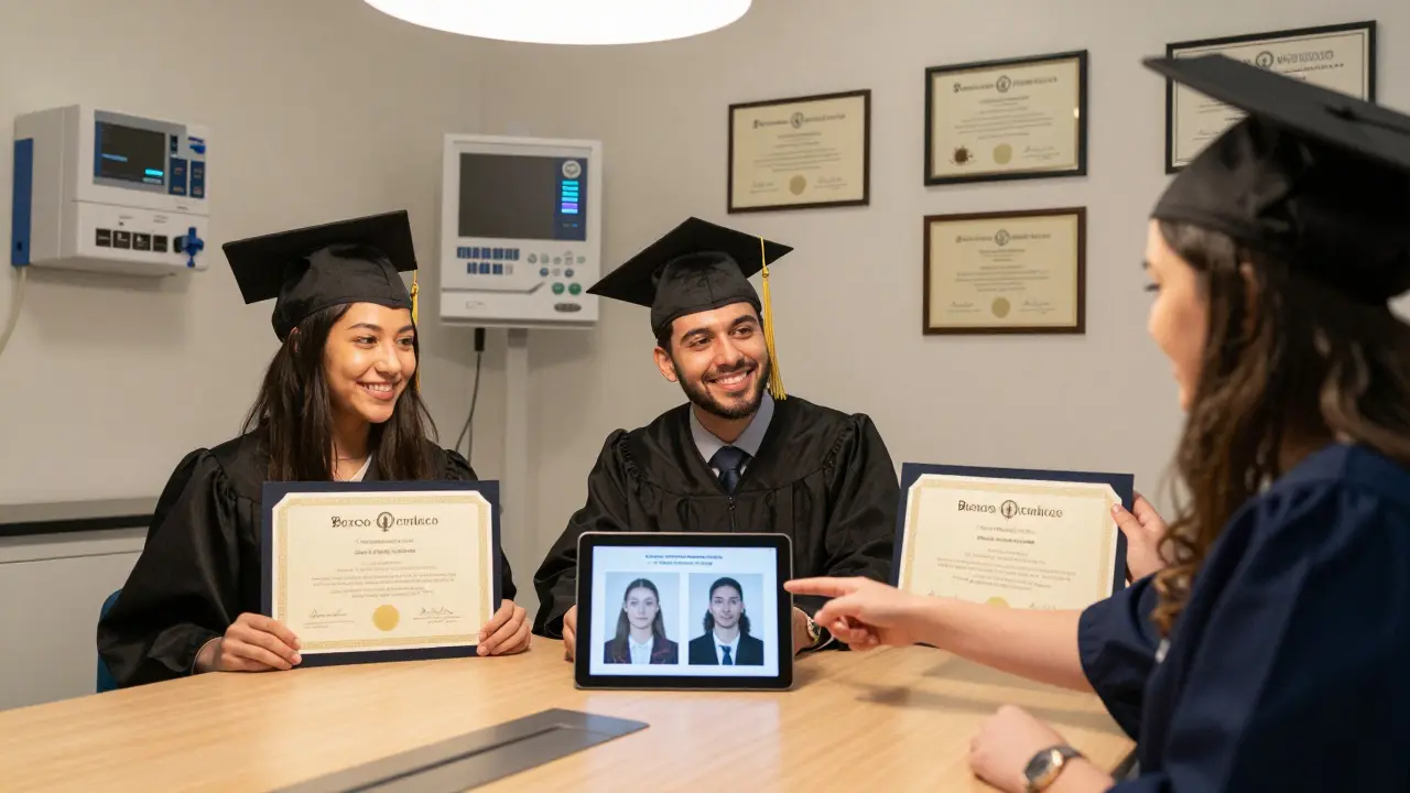 Three certified graduates and a clinic manager review error rate improvements together.