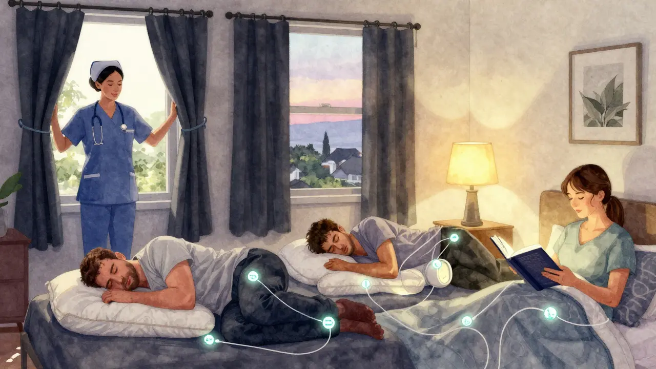 Three individuals improving their sleep through personalized adjustments in natural environments, connected by data visualizations.