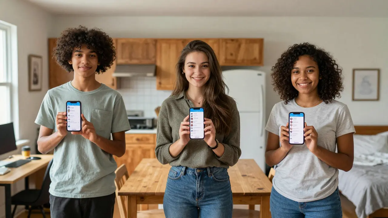 Three students from different backgrounds hold phones displaying new job titles and salary increases in their home environments.