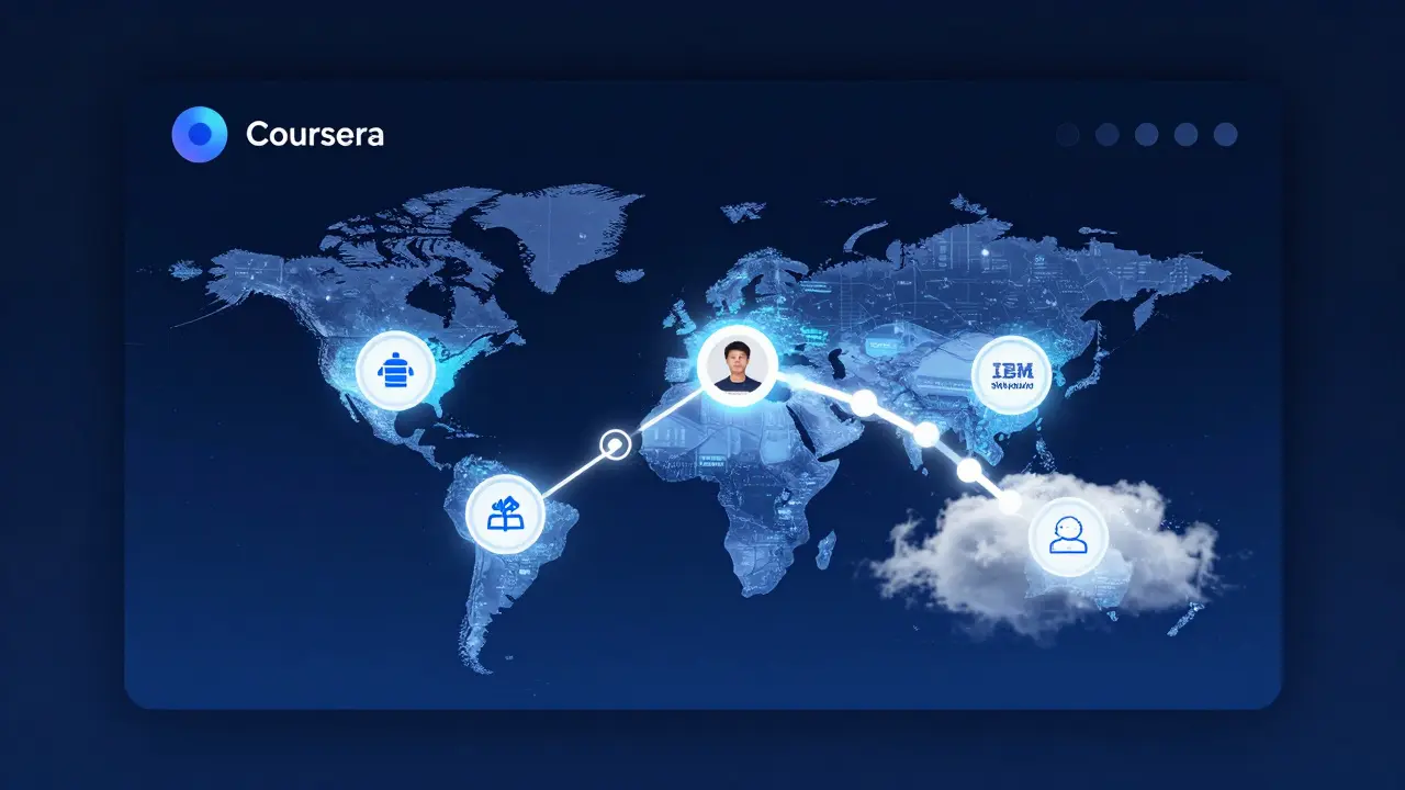 A futuristic digital portal displaying interconnected global badges with a user's credential chain glowing in the cloud.