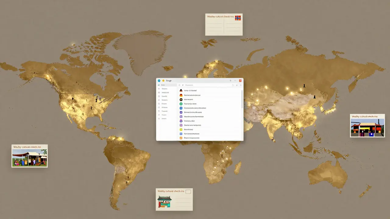 A global collaborative map with 47 glowing countries, shared text in multiple languages, and cultural symbols representing diverse perspectives.