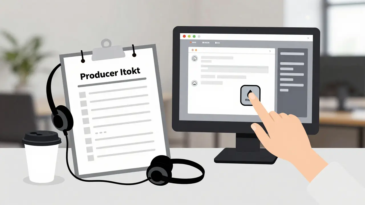 A minimalist set of tools used by a classroom producer: headset, checklist, dual monitors, and a muted button, symbolizing behind-the-scenes support.