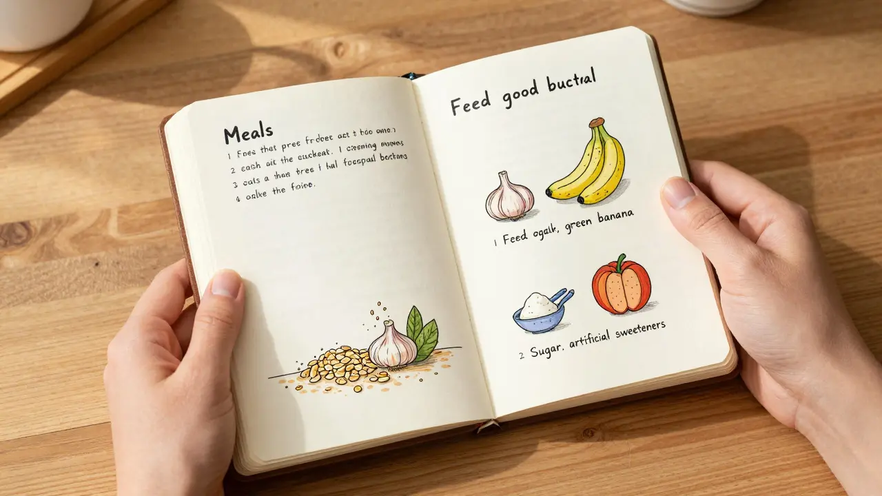 A person journaling meals and mood beside a visual guide of gut-healthy and harmful foods.