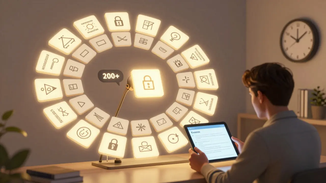 A rotating wheel of exam questions with icons for different domains, as a candidate takes a test under timed conditions.