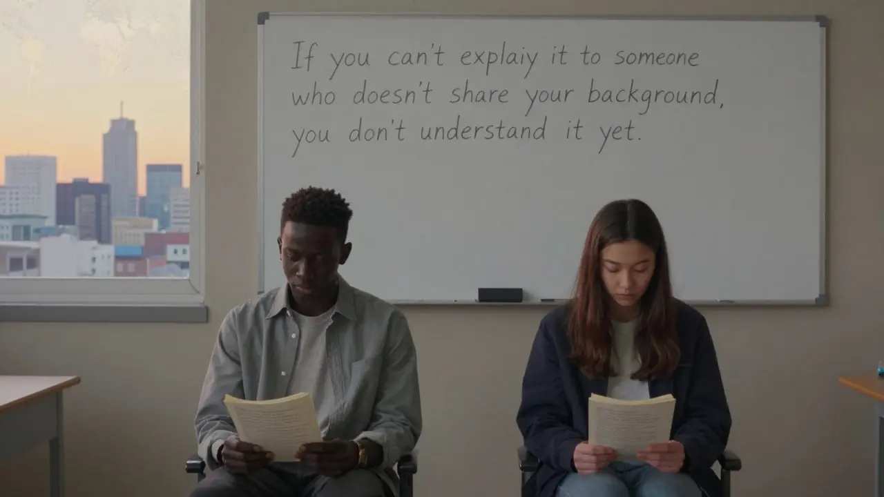 A Senegalese student and a Seoul student quietly reflect on translated poems, with a motivational phrase on the wall behind them.