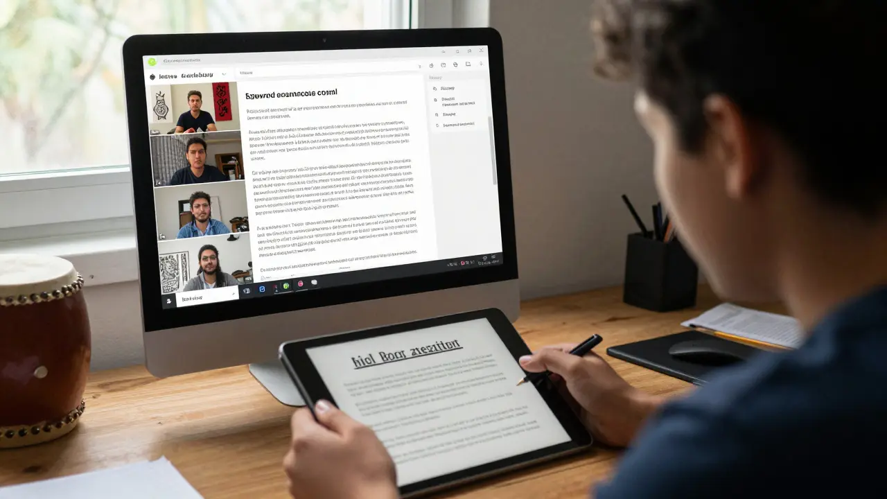 A student submits a video essay as others contribute through writing and voice, showing diverse ways of learning.