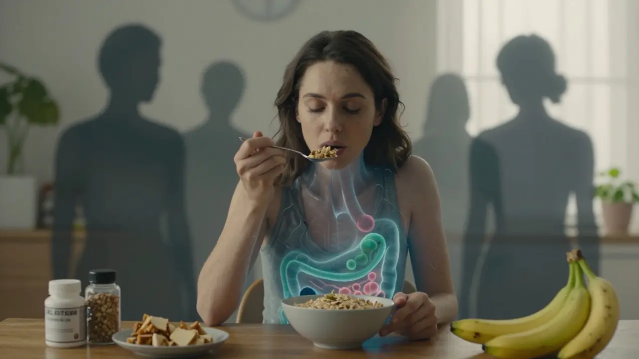 A woman eating a simple breakfast as her gut glows with healthy microbes, while processed foods fade in the background.