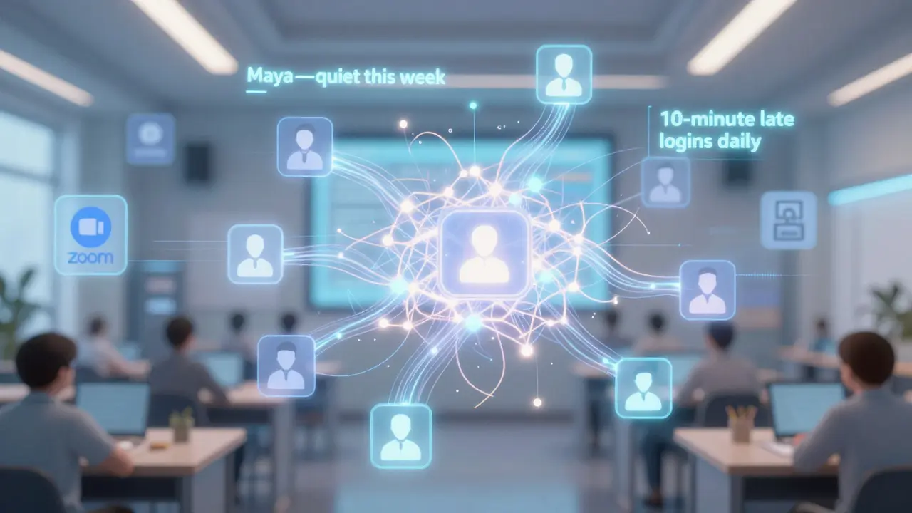 Abstract representation of AI analyzing student engagement patterns with glowing data streams and subtle alert messages.
