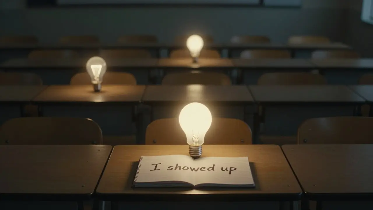 An empty classroom with glowing light bulbs representing learners, one dimming and one steady.