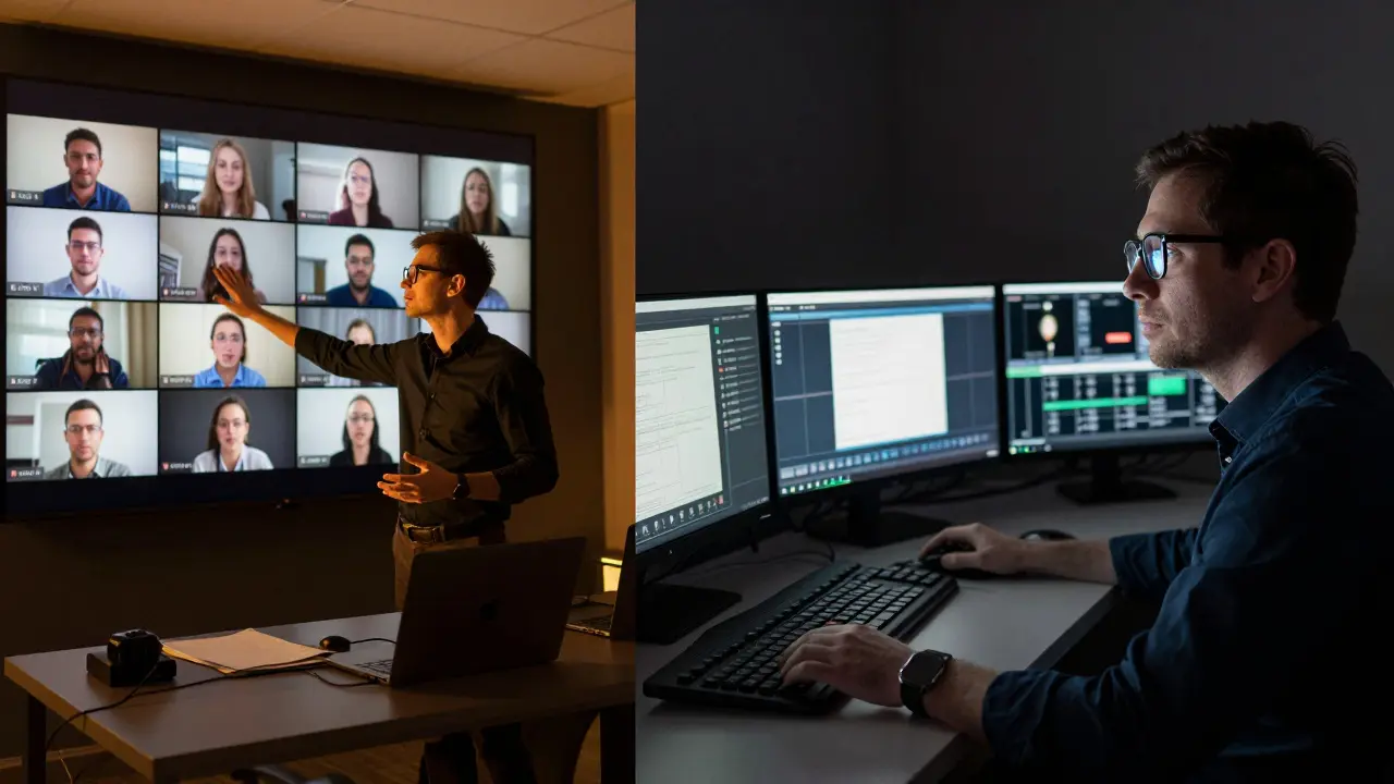 An instructor teaches confidently while a producer silently manages tech controls in a separate room behind the scenes.