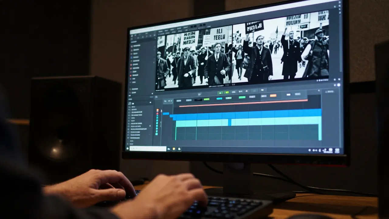 Audio editor adjusting timeline with historical protest footage.