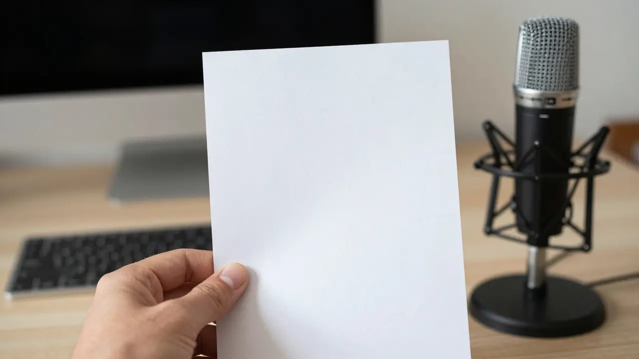 Close-up of an outline card and microphone in a quiet home office, emphasizing preparation for course recording.
