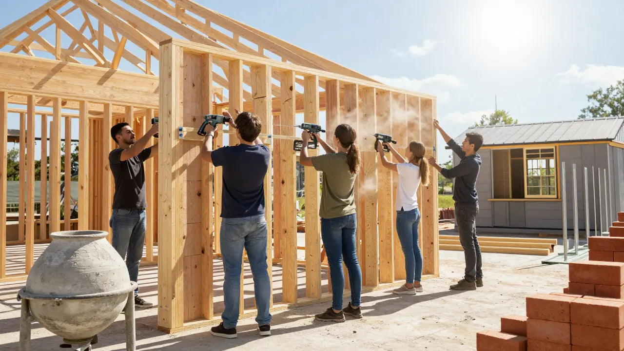 Construction students framing a wall using nail guns and laser levels in a busy trade school lab.
