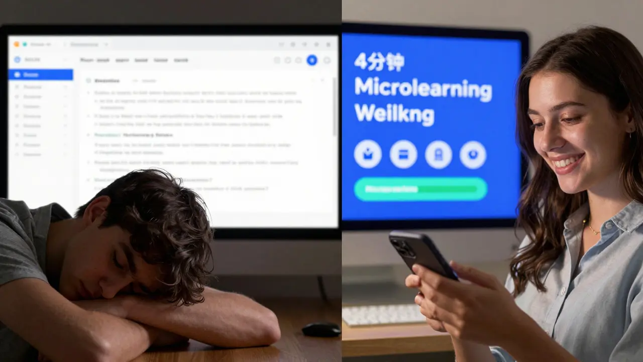 Contrast between overwhelming traditional e-learning and engaging microlearning on a smartphone.