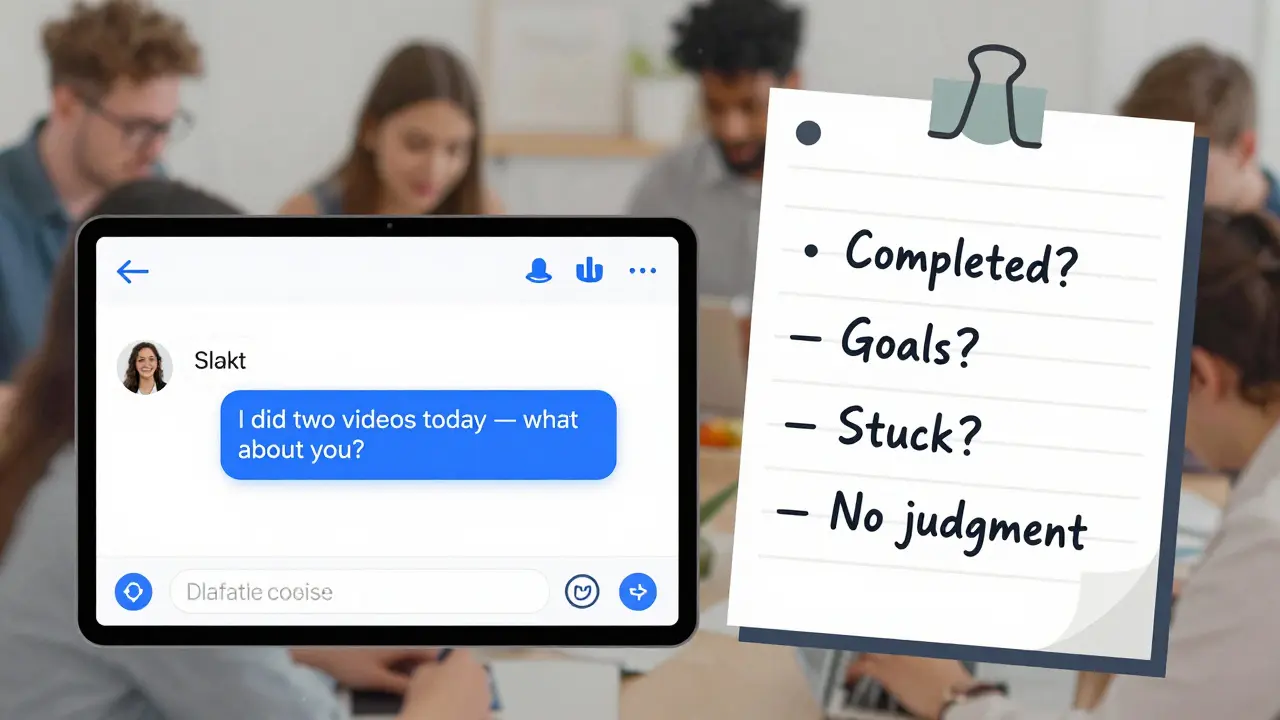 Digital message in a course community chat asking about progress, with a simple accountability framework visible.