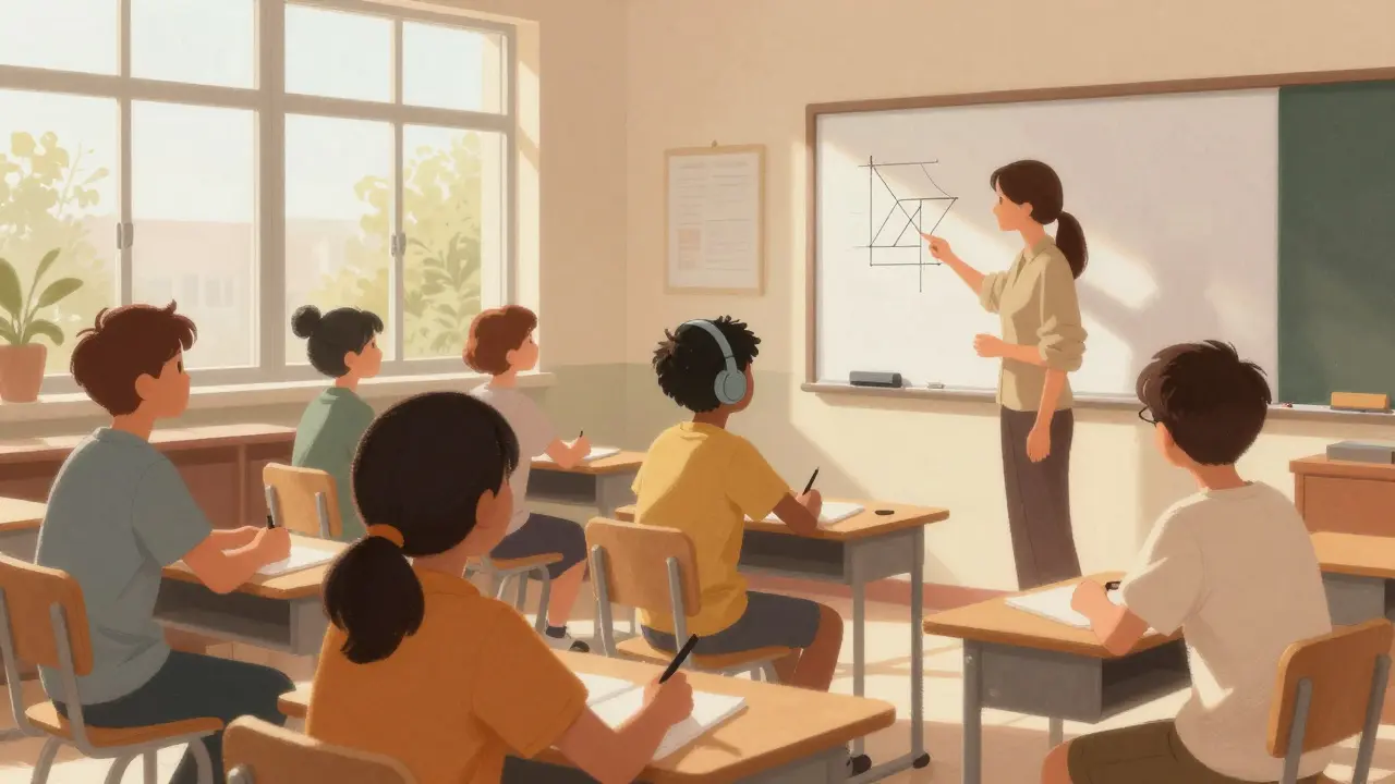 Diverse classroom with student using screen reader during lesson.