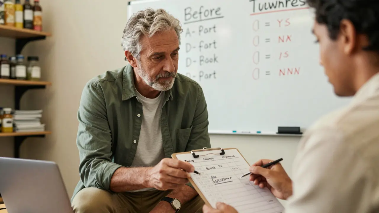 Field coach and franchise manager reviewing a revised shift schedule with improved turnover metrics on a whiteboard.