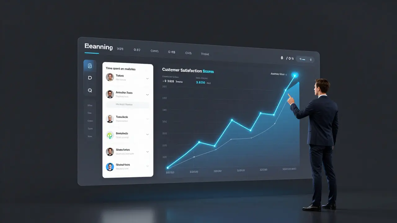 Floating dashboard linking training behavior to business KPIs like customer satisfaction and resolution times.