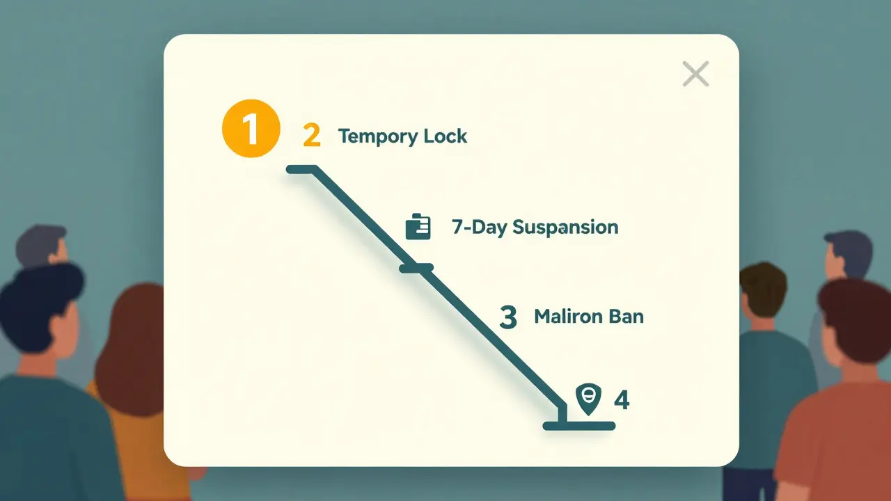 Four-level escalation ladder in a community forum, symbolizing fair moderation steps.