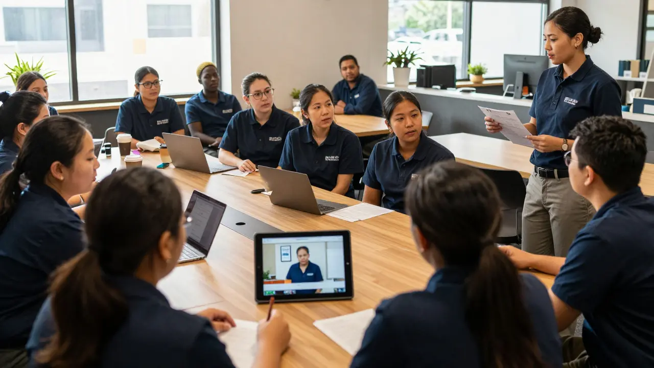 Franchise team watching a training video during a daily huddle, manager holding a checklist.