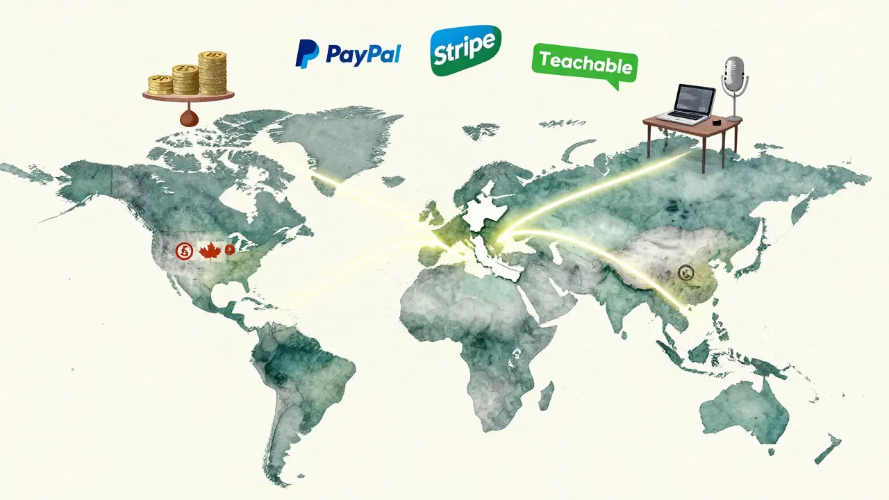 Global map showing international course sales flowing into New Zealand with digital payment and tax deduction icons.