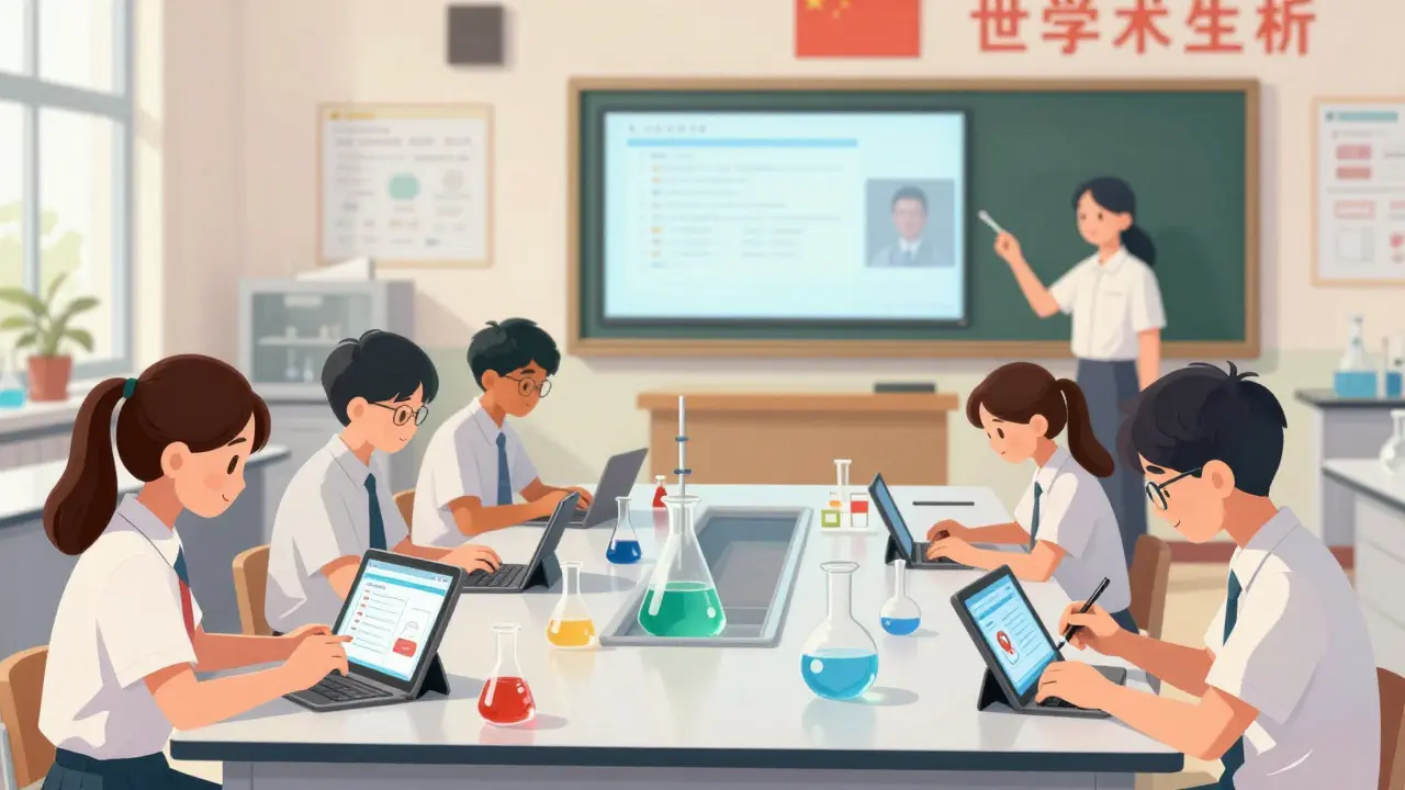 High school science lab students conducting experiments with online resources on tablets.