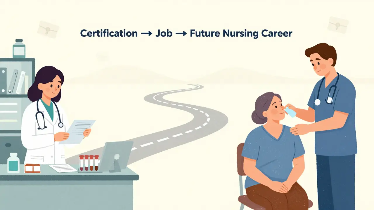 Illustration comparing medical assistant and nursing assistant career paths leading to nursing advancement.