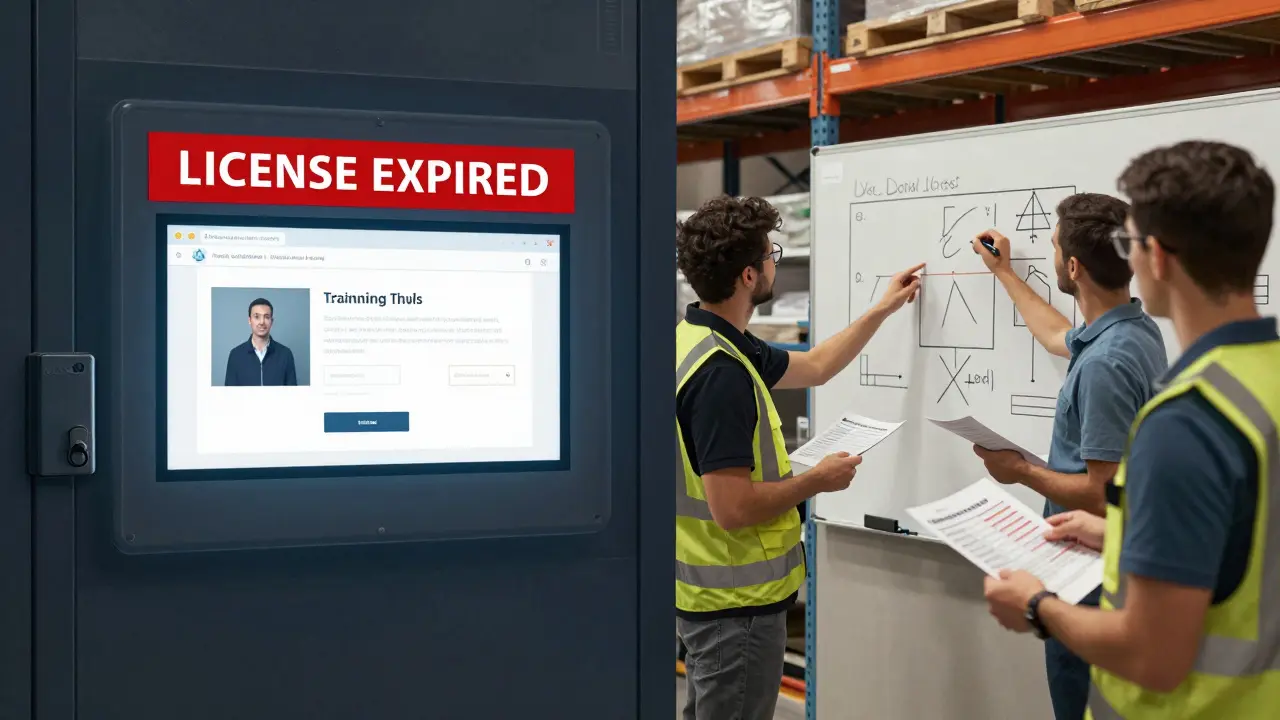 Left side: locked digital training portal with expired notice; right side: employees using printed materials to teach safety procedures.