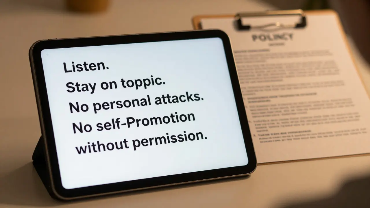 Moderator sending a private warning with clear community rules visible in background.
