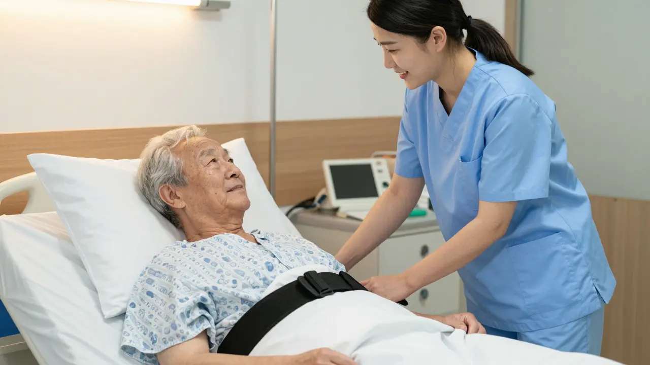 Nursing assistant helping an elderly patient sit up in bed with care and dignity.