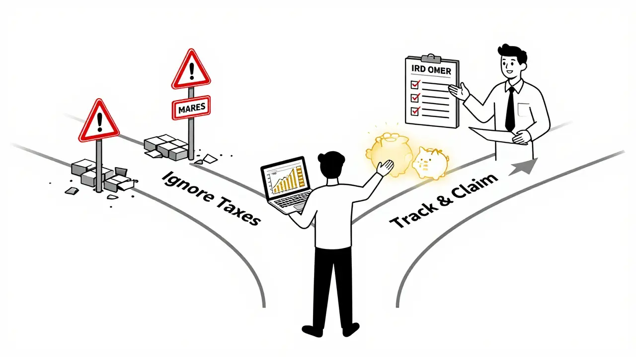 Person choosing between ignoring taxes and staying compliant, with visual path of deductions and professional help.