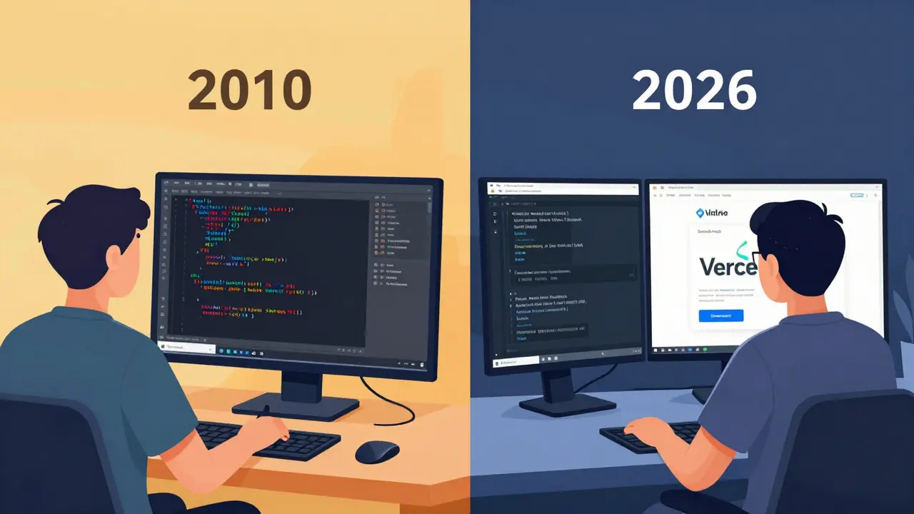 Side-by-side comparison of outdated 2010 coding vs modern 2026 CI/CD workflow in classroom.