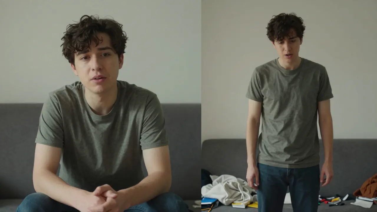 Split-screen comparison of calm, focused speaking versus nervous pacing during video recording.