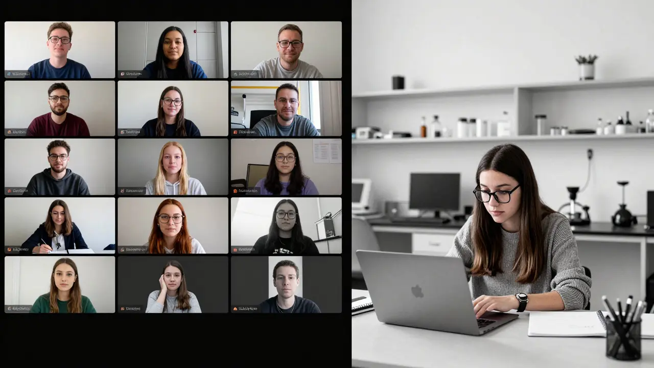 Split-screen showing hybrid synchronous and blended asynchronous learning approaches.