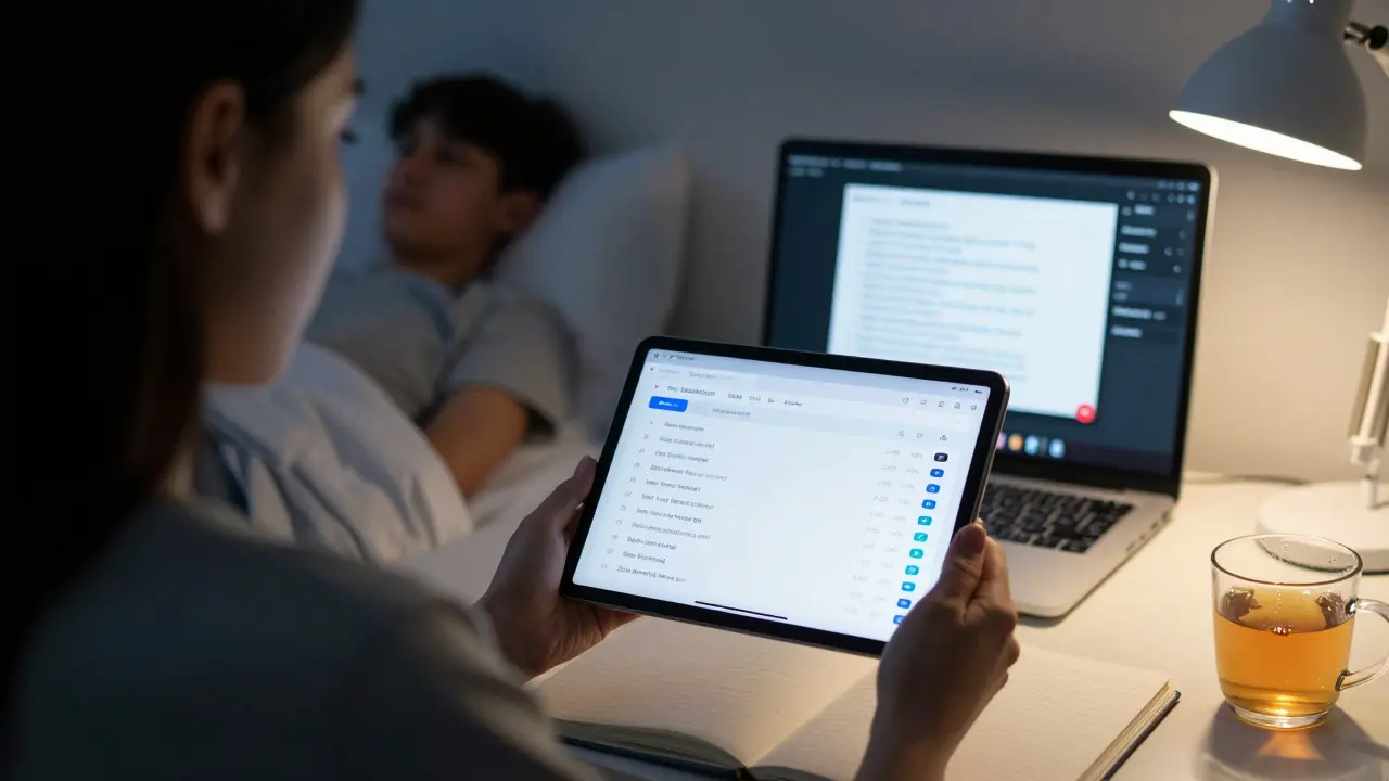 Student watching an educational video with interactive quiz prompts while an educator reviews attendance data on a tablet.