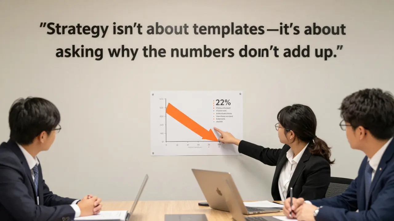 Students presenting a one-page strategic analysis to local business leaders with a simple data chart on display.