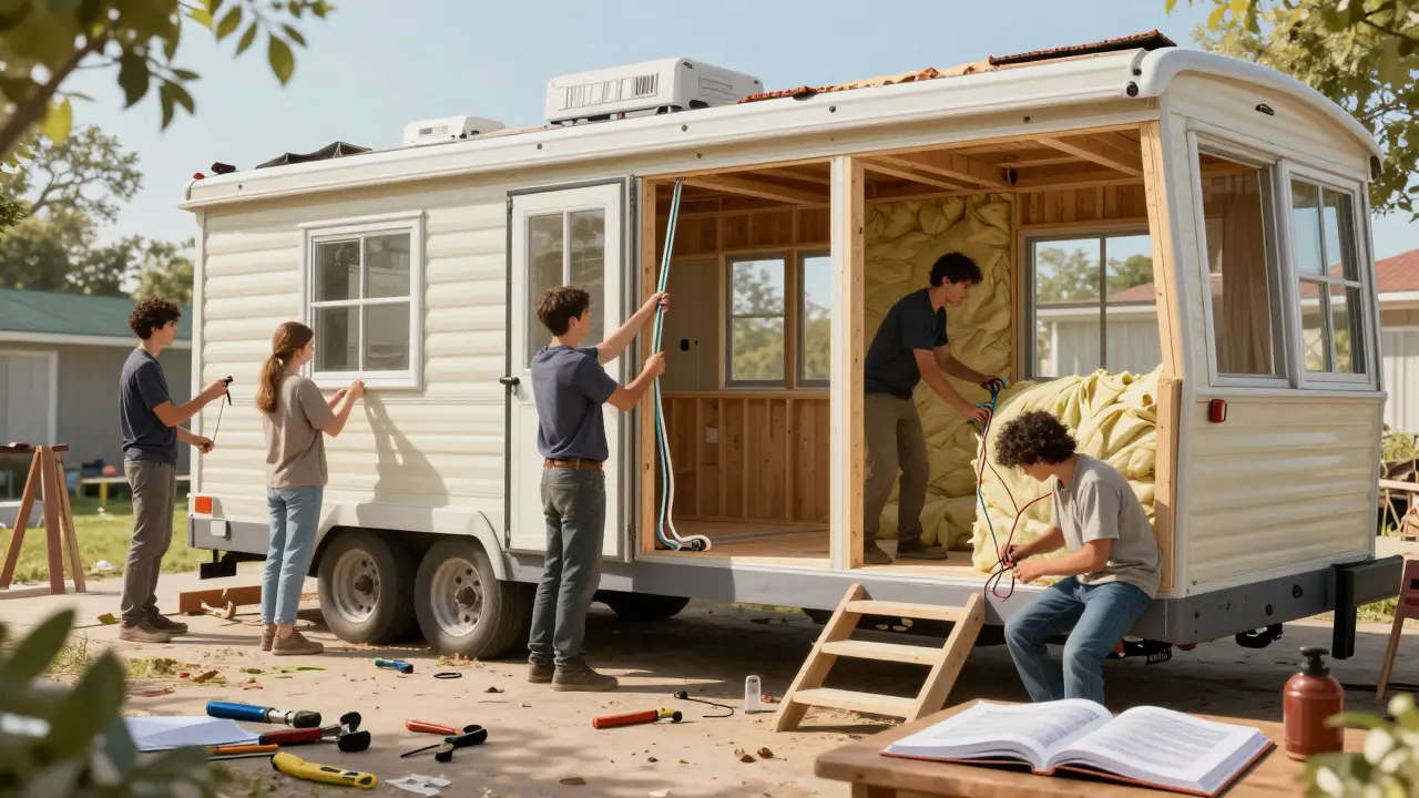 Students rebuilding a donated mobile home, replacing plumbing, insulation, and electrical systems.