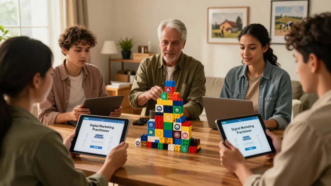 Three diverse individuals holding tablets showing their stackable digital badges arranged like LEGO towers.