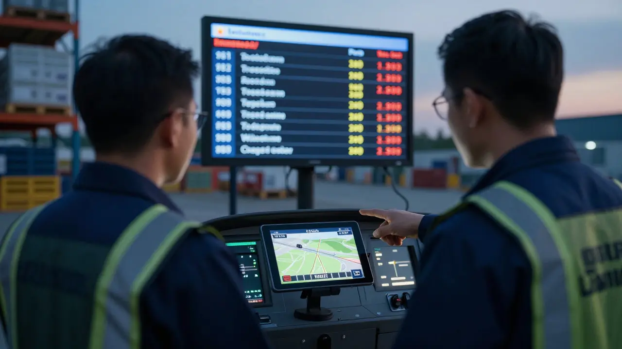 Warehouse driver watching training video while delivery delay metrics improve on a digital board.