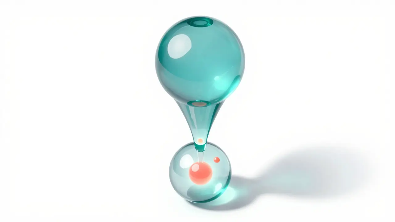 3D glass funnel with large sphere merging with smaller spheres inside.