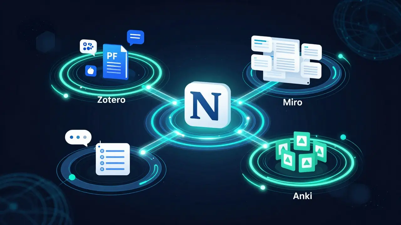 A conceptual network of study tools like Notion, Zotero, and Anki connected by glowing lines in a dark digital space.