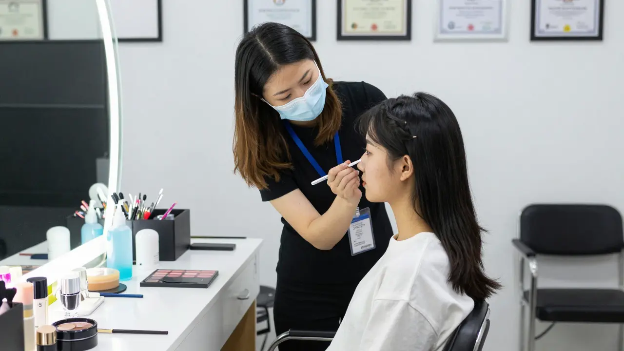 A cosmetology student applying bridal makeup to a client under instructor supervision.