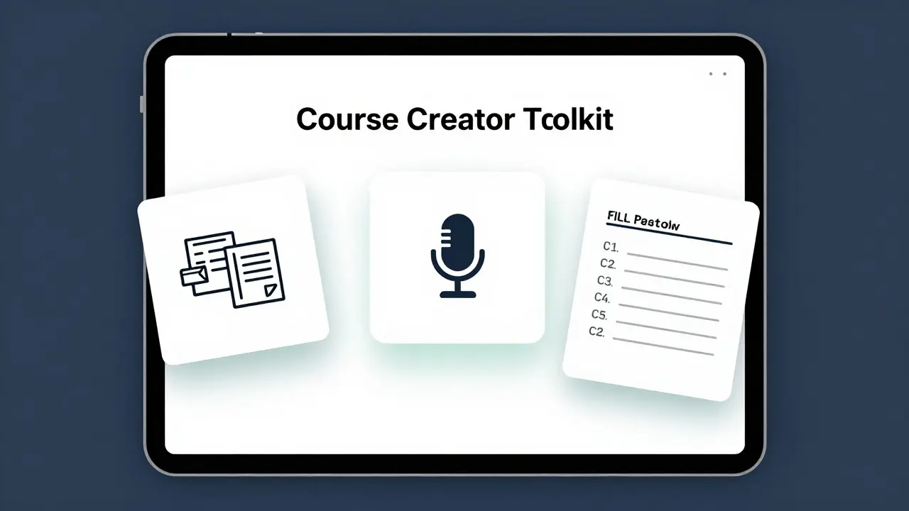 A digital toolkit with three core templates—outline, script, and worksheet—represented as icons alongside sample lesson components.