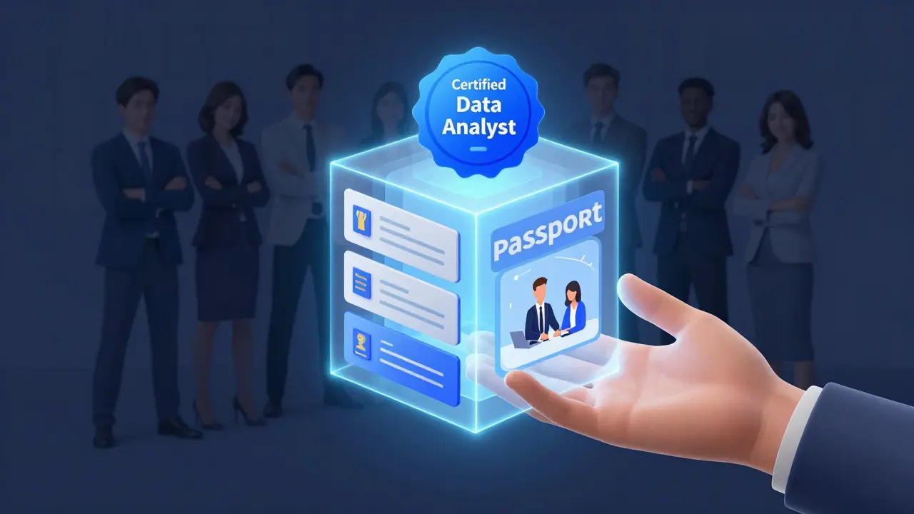 A glowing Learning Passport with bundled courses, coaching, and a certification badge, as transformed learners stand confidently behind.